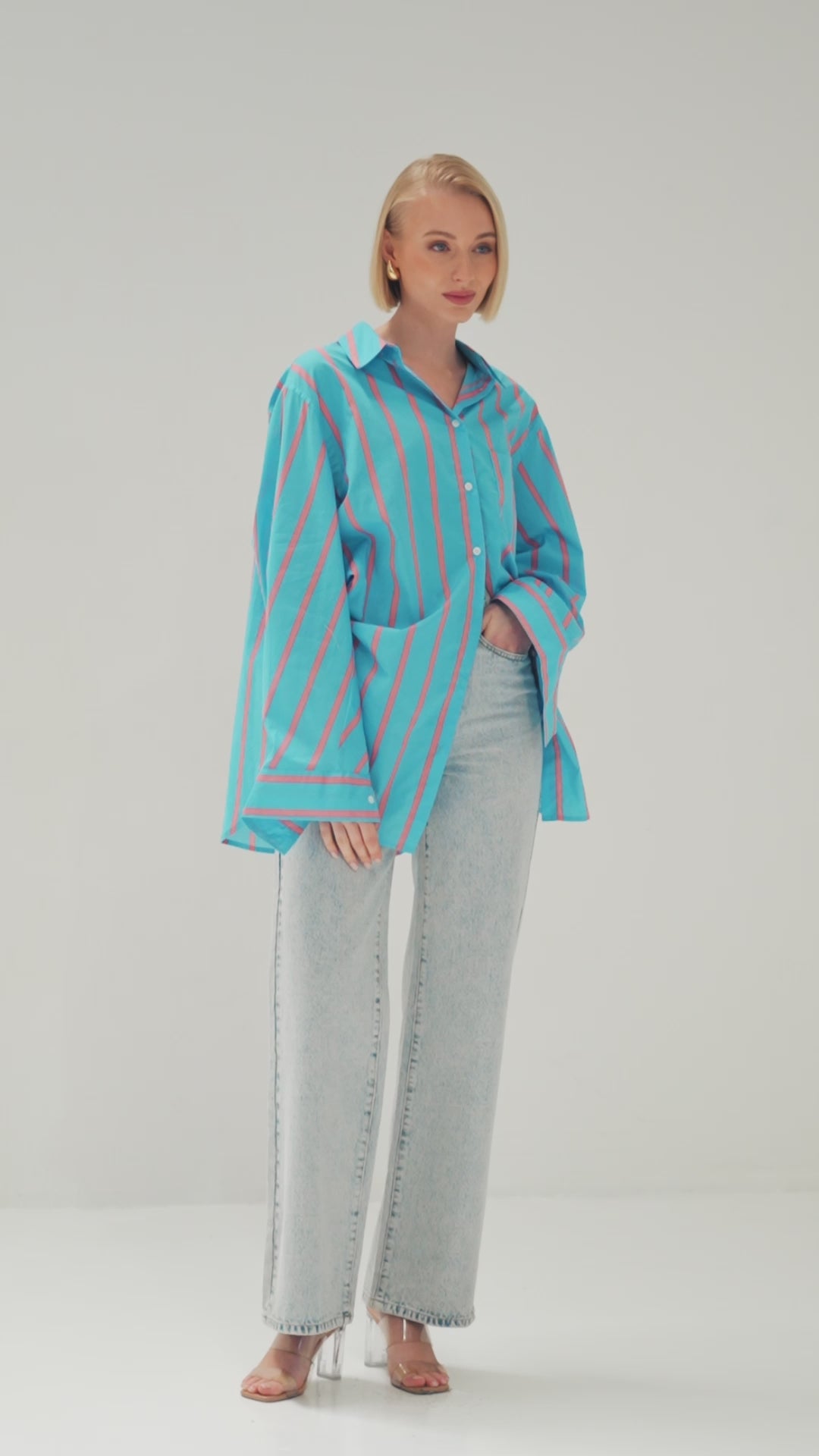 TW4551B Ryann Striped Oversized Boyfriend Shirt Blue/Pink